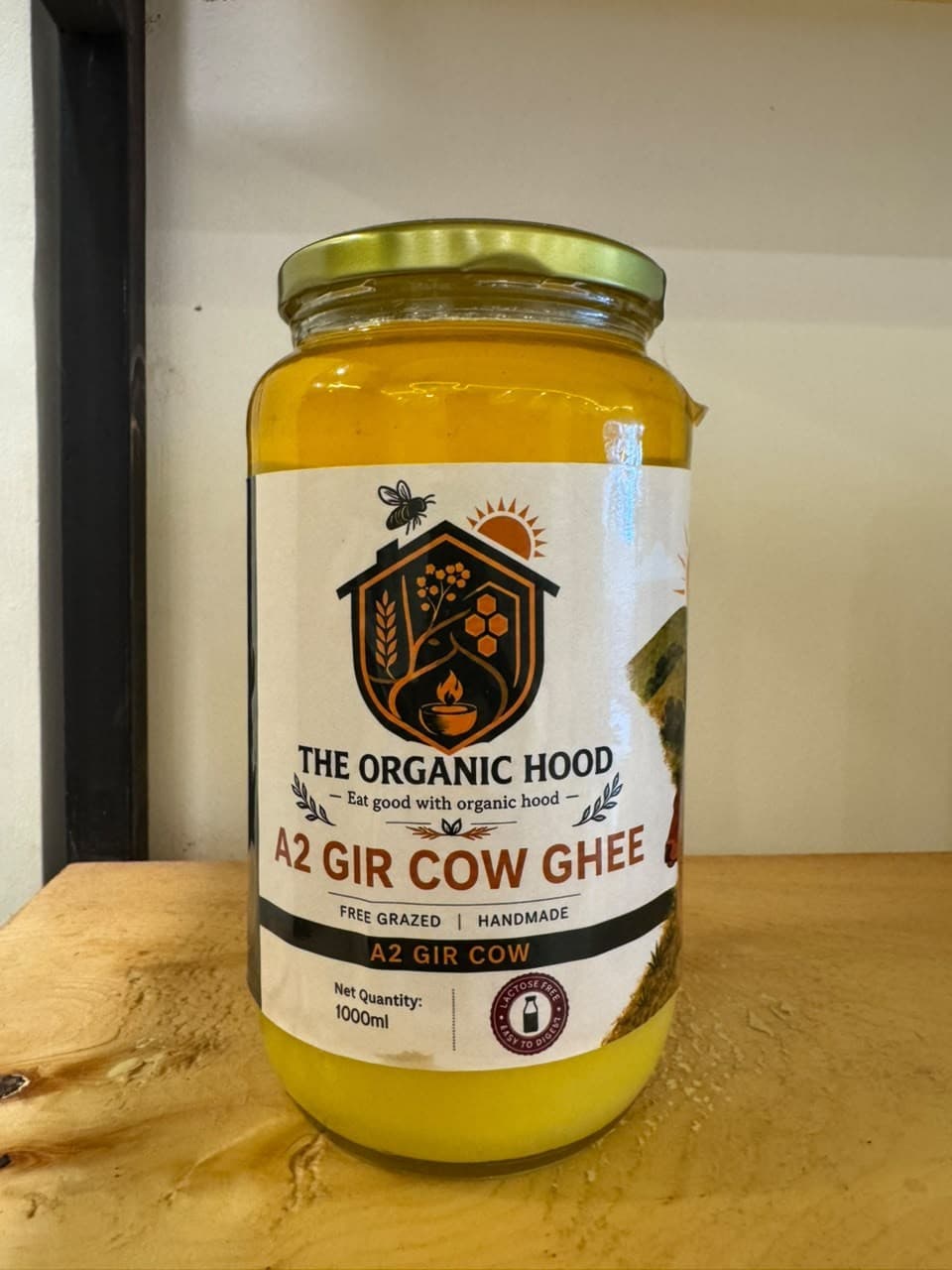 A2 Gir Cow Ghee jar on wooden pantry shelf