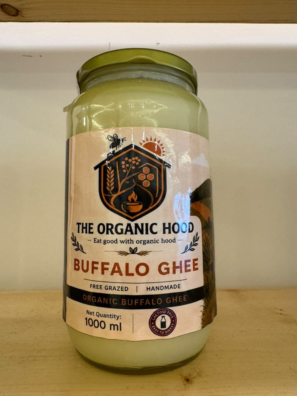 Handmade Buffalo Ghee jar on shelf