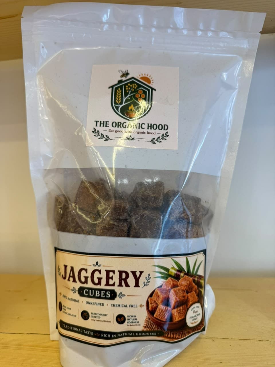 Authentic Jaggery Cubes pouch on shelf