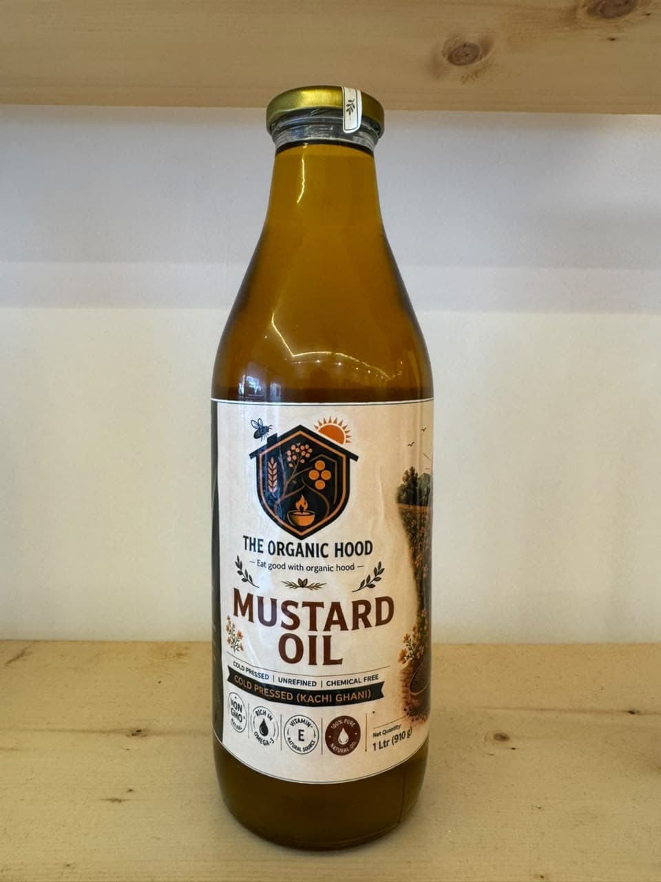 Cold Pressed Mustard Oil bottle on shelf